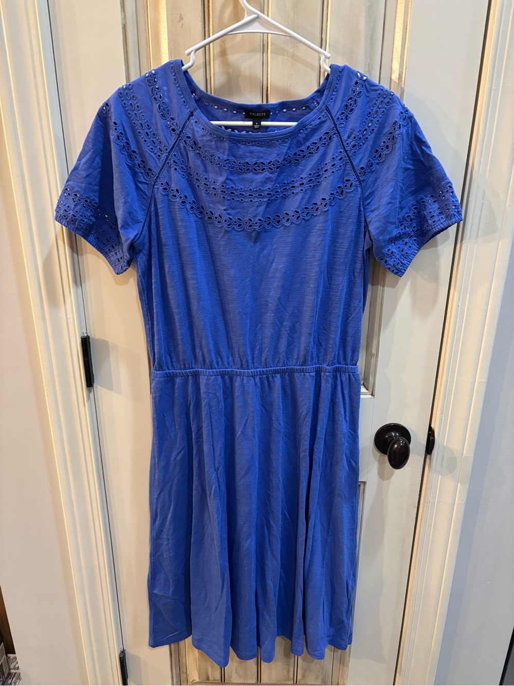 Talbots Eyelet Slub Knit Fit & Flare Blue Dress Size Small Summer Feminine
